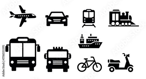 Black silhouette icons of various transport modes including an airplane, car, train, ship, bus, fire truck, bicycle, and scooter.