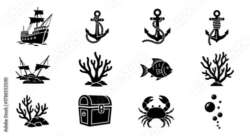 Black silhouette icons depicting a sailing ship, various anchors, sunken ship, coral, fish, treasure chest, crab, and bubbles, illustrating ocean and nautical themes.