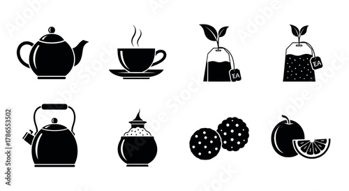 Black silhouette icons of various tea-related items including teapots, a steaming cup, tea bags, sugar jar, cookies, and a lemon slice.