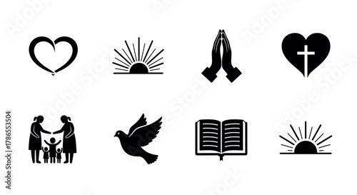 Set of eight black icons depicting religious and spiritual symbols, including hands in prayer, a dove, a heart with a cross, and an open book.