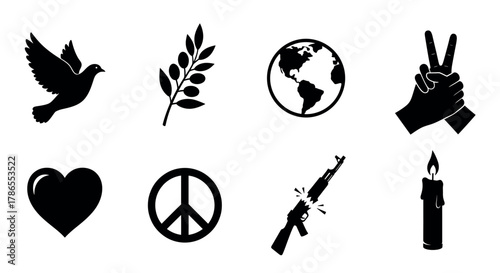 Black silhouette icons representing peace, including a dove, olive branch, globe, hands making a peace sign, heart, peace symbol, crossed-out rifle, and candle.