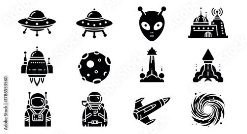 Set of twelve black silhouette icons depicting various space-themed objects, including ufos, an alien face, rockets, astronauts, and a swirling galaxy.