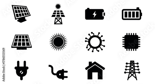 Collection of black energy icons depicting solar panels, batteries, electrical plugs, and power transmission, symbolizing renewable energy and technology.