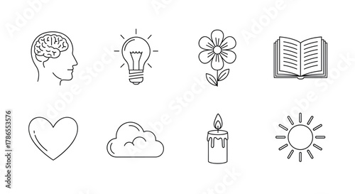Eight minimal black outline icons including a brain, light bulb, flower, book, heart, cloud, candle, and sun, representing various concepts.