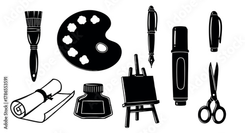 Black outline vector icons of art supplies, including a paintbrush, palette, ink and pen, paper scroll, easel, highlighter, and scissors.