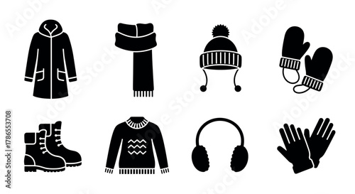 A collection of winter clothing icons featuring a coat, scarf, hat, mittens, boots, sweater, earmuffs, and gloves in a minimalist black silhouette design.
