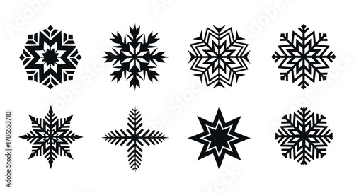 Eight intricately designed black snowflakes with geometric patterns arranged in two rows on a white background.