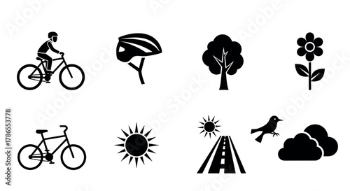 Black silhouette icons of a cyclist, bicycle helmet, tree, flower, bicycle, sun, highway, bird, and cloud arranged in a grid pattern.