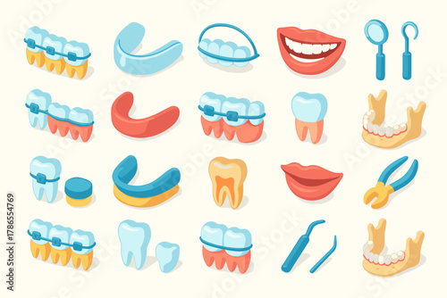 Orthodontic and Dental Care Icons – Braces, Implants, and Oral Treatment Set