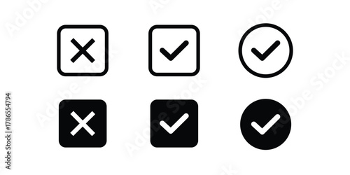 Black and white checkmark and cross icons in square and circle Isolated On Transparent Background