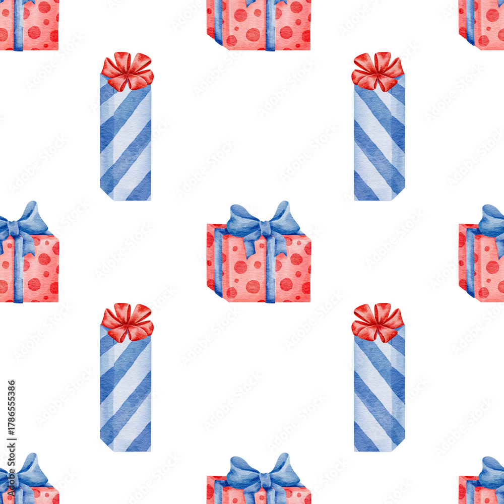 Fototapeta premium Seamless watercolor pattern with hand drawn gift boxes, red bows, blue ribbons, and festive wrapping on a transparent background. Perfect for birthday, holiday, celebration design, party decor
