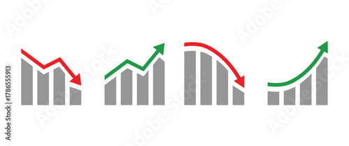 Four bar graph icons with red and green arrows showing trends Isolated On Transparent Background