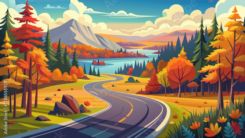 Very beautiful view of a winding road surrounded by vibrant autumn foliage near Caribou Lake, northern Minnesota, USA, featuring colorful trees, scenic landscape, and a realistic serene fall atmospher