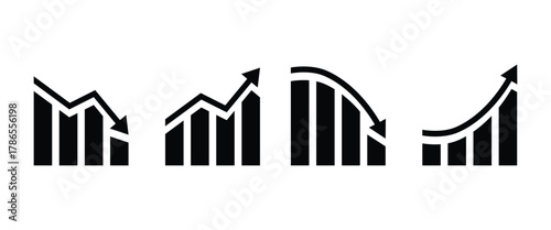 Four Black Bar Graph Icons Showing Trends On Transparent Background