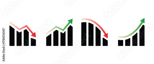 Four Bar Graphs with Black Bars and Gradient Arrows Isolated On Transparent Background