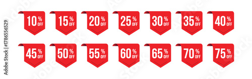 Red Sale Discount Tags With Percentage Off vector illustration Isolated On Transparent Background