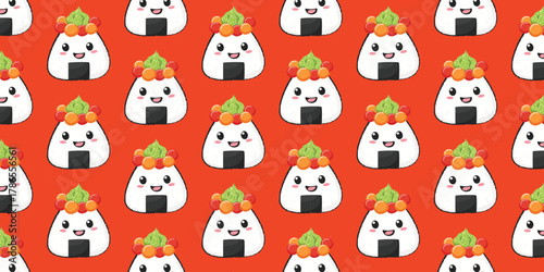Seamless vector pattern with cute onigiri rice balls for Asian sushi restaurant design, packaging, menu design, and branding projects
