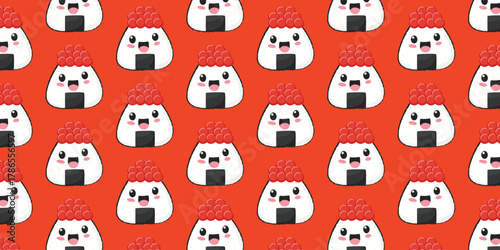 Seamless vector pattern with cute onigiri rice balls for Asian sushi restaurant design, packaging, menu design, and branding projects