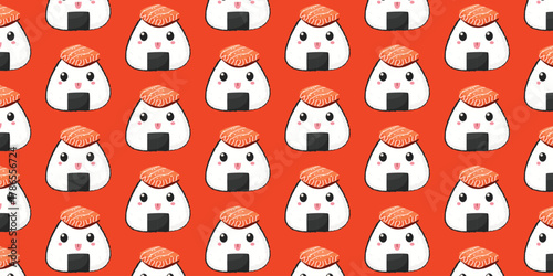 Seamless vector pattern with cute onigiri rice balls for Asian sushi restaurant design, packaging, menu design, and branding projects