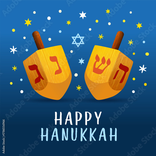 Happy Hanukkah greeting card with holiday dreidel. Traditional symbol of Jewish holiday of lights dreidel for banner or poster design. Vector illustration
