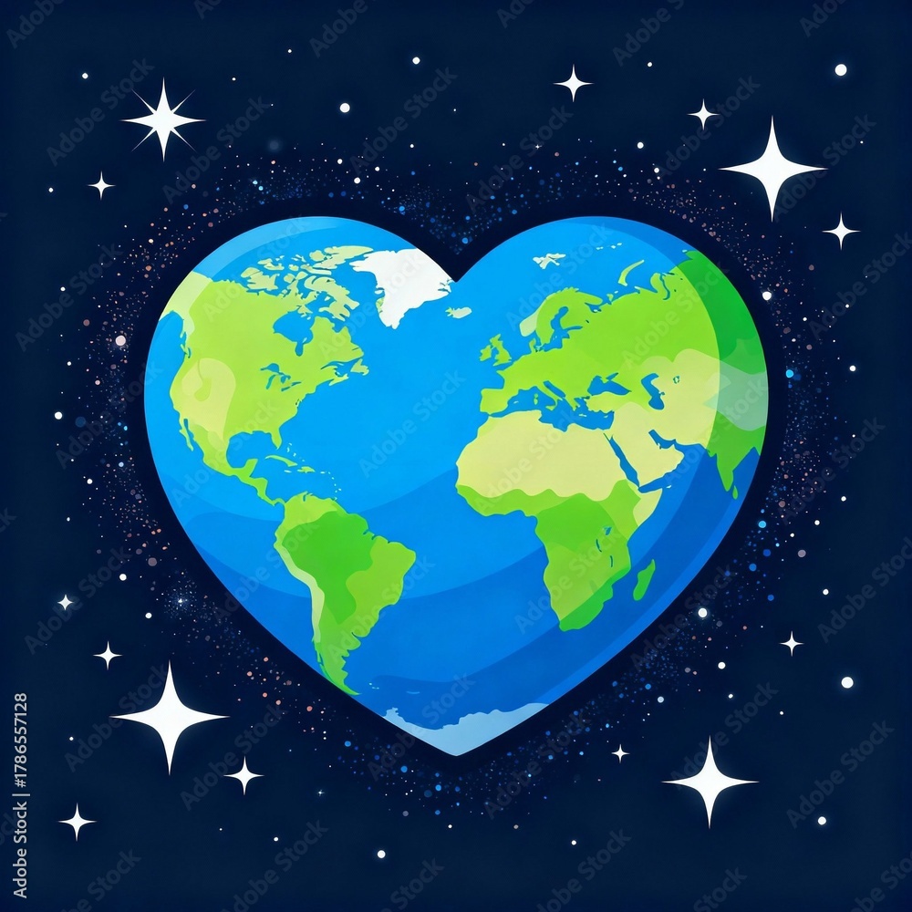 Fototapeta premium Earth depicted as a heart on dark space background with stars 