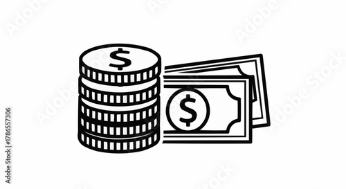 Stack of coins with dollar sign alongside paper currency for financial planning