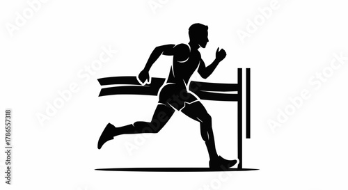 Dynamic silhouette of athlete sprinting, crossing finish line tape in victory