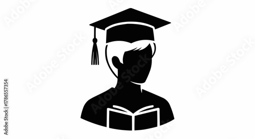 Graduate reading, achieving academic success, wearing graduation cap and gown icon