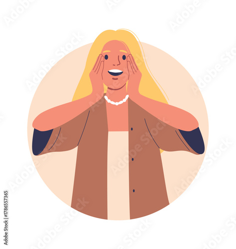 Surprised amazed woman round frame