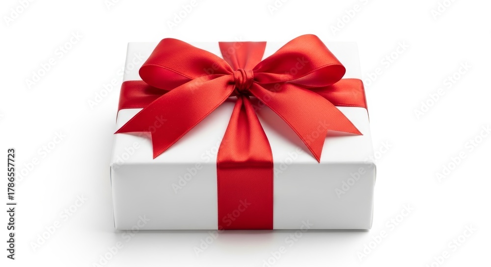 Fototapeta premium White Gift Box with Red Ribbon on White Background