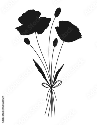 Wildflower silhouette bouquet in black color. Hand drawn flower shapes, meadow herbs, wild plants, and botanical elements for design projects. Vector illustration