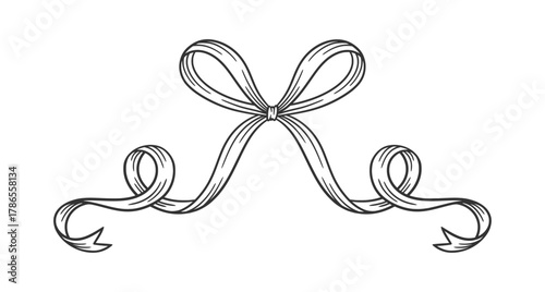Coquette bow black, thin line drawing. Hand drawn illustration of whimsical tied ribbon. Wedding, birthday gift sketch in retro style. Cute girly vector illustration. Doodle lace.