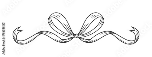 Coquette bow black, thin line drawing. Hand drawn illustration of vintage tied ribbon. Wedding, birthday gift sketch in retro style. Cute girly vector illustration. Doodle lace.