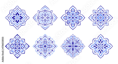 Mediterranean blue patterns set. Floral mosaic design. Traditional Spanish, Portuguese, Sicilian, Italian motifs on white background. Ethnic ornament with leaves for ceramic. Vector illustration