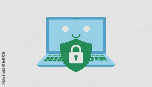 A cartoon laptop wearing a shield with a lock symbol illustrating the concept of using privacy settings to protect personal information.