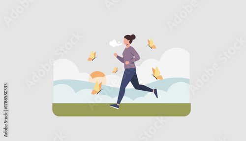 A woman runs through a misty meadow at dawn her breath visible in the cool air as butterflies flutter around her.