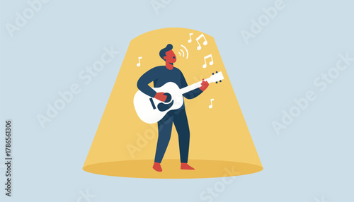 A solo artist in a spotlight strumming a guitar while singing blending the joy of musicmaking with personal expression.