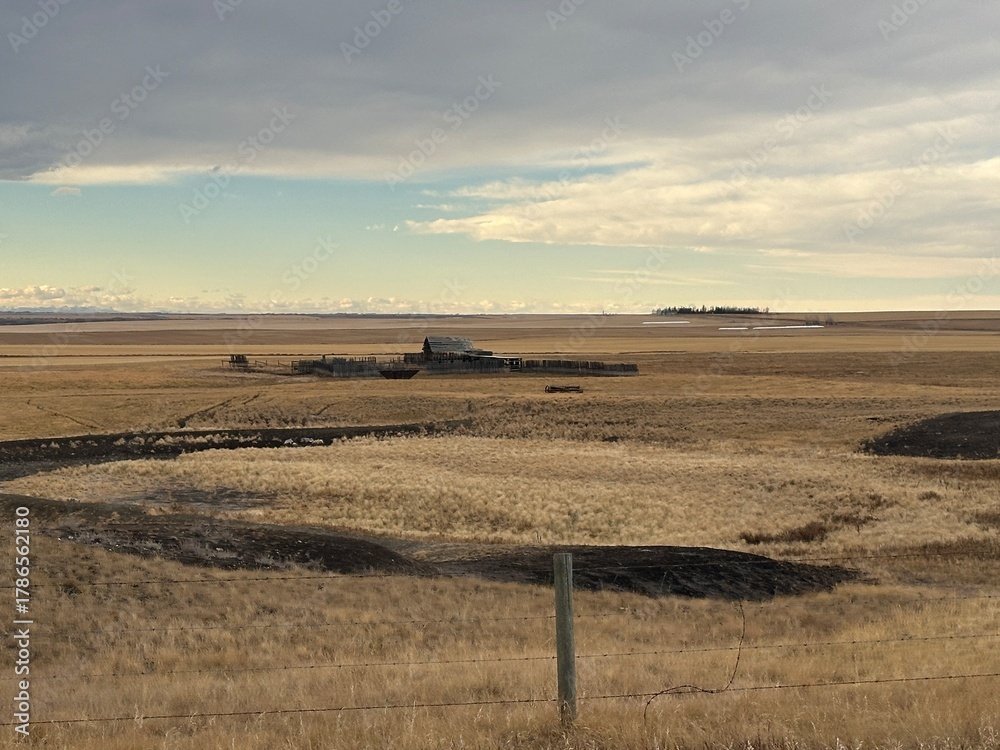 Obraz premium Deserted rural farm with broken fence lines, empty fields and signs of long-term neglect across the landscape. Gleichen, Alberta, Canada. Long Lost Land. Cinematic atmosphere.