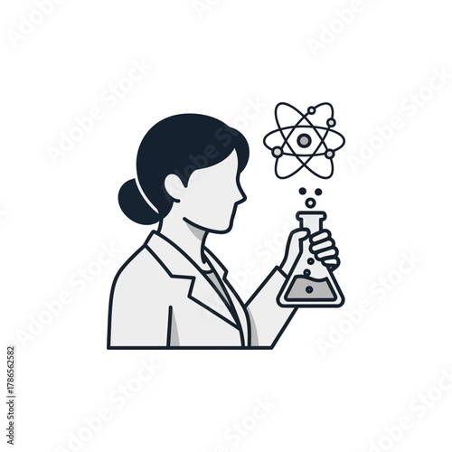 Female scientist holding beaker with atom symbol conducting experiment in laboratory, showcasing scientific research and discovery.