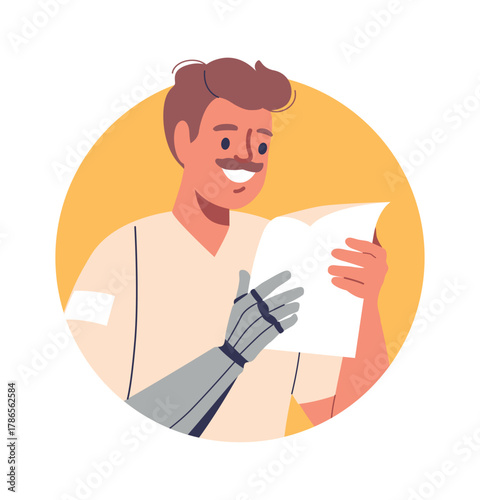 Man bionic hand reading resume