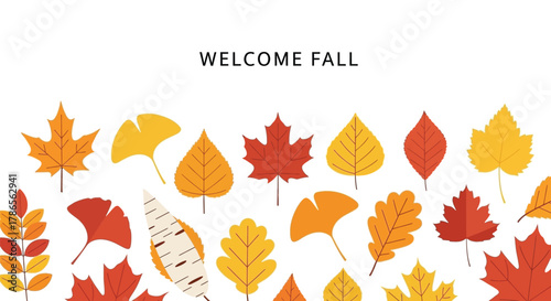 Collection of colorful autumn leaves in red orange and yellow with the text welcome fall