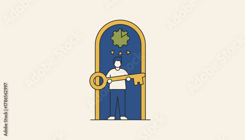 A person holding a large key standing before a door labeled Opportunity representing the unlocking of potential through goal setting.
