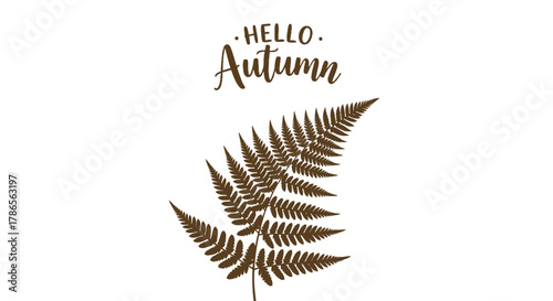 Hello autumn text design with a detailed fern frond illustration on a white background