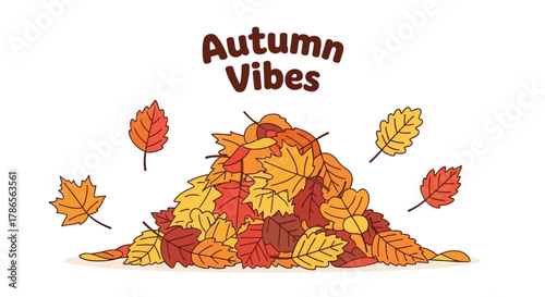 Vibrant pile of colorful autumn leaves with falling leaves and text that says autumn vibes