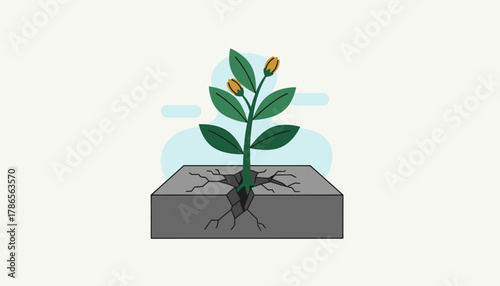 A plant growing through cracks in concrete symbolizing resilience and perseverance in pursuing ones goals despite obstacles.