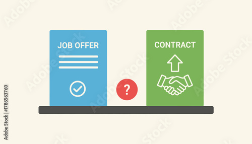 A job offer letter and a contract displayed on a table emphasizing decisionmaking regarding job acceptance and negotiations.