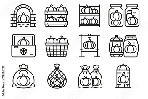Collection cellar wrapped icon pumpkin rack vector baskets shelves jars barrels