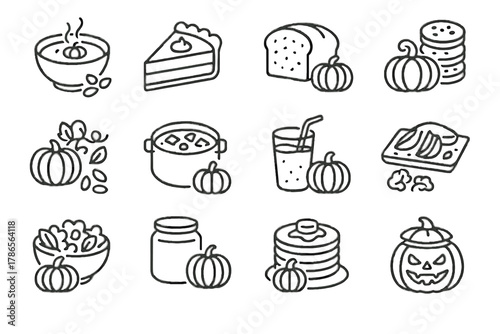 Stew stuffed icon vector collection seeds bread soup icons salad roasted pumpkin