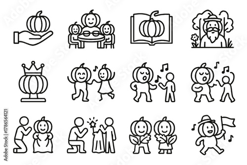 Parade icon crown festival pumpkin tradition icons dance vector family storybook blessing