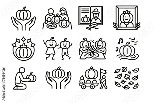 Vector parade song icon offering pumpkin dinner dance leaf festival icons crown